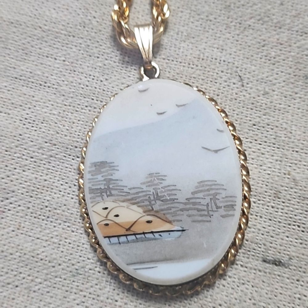 Vintage Antique Asian Seascape Handmade Picture Pendant Necklace OOAK